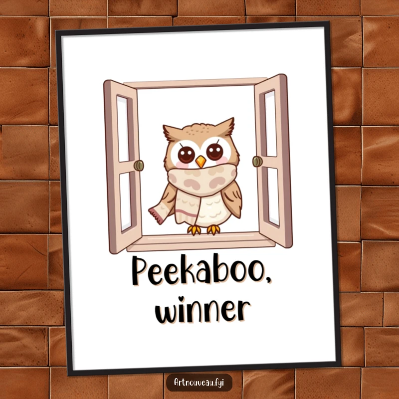 Funny owl digital art print of a cute owl in a scarf peeking from a window, offering instant charm.