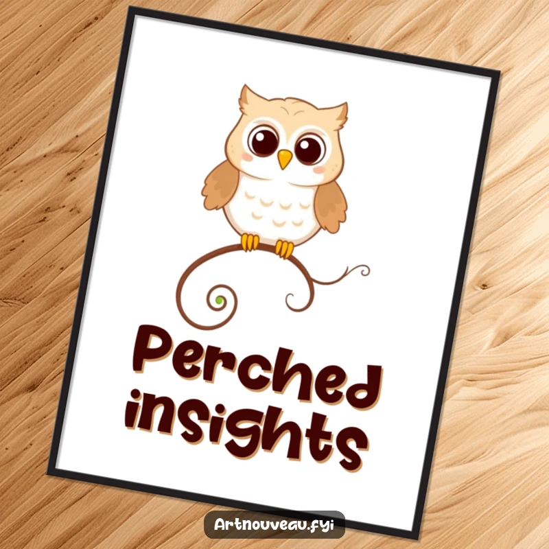 Funny Digital Art: A happy owl perched precariously on a looping, decorative tendril, offering instant whimsical decor.