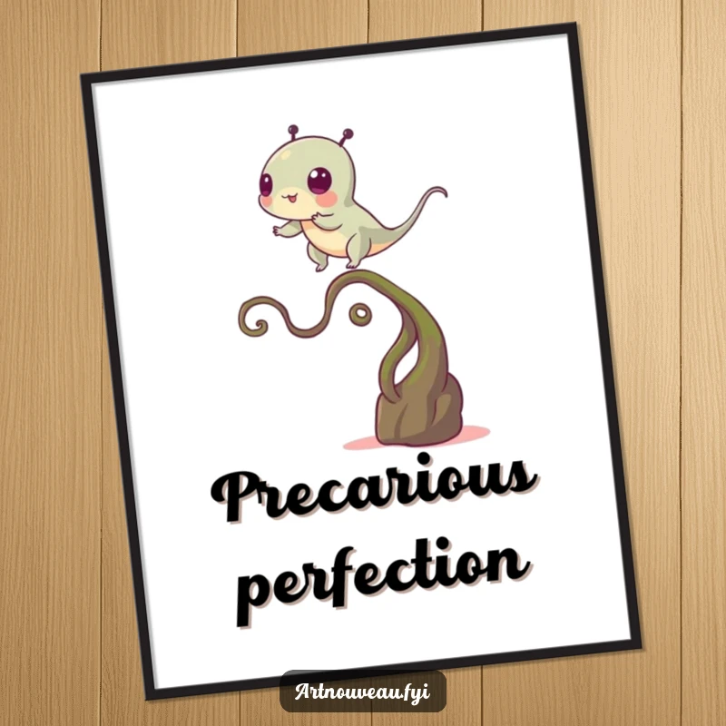 Funny digital art print of a creature balancing precariously on a winding plant-like stem, offering instant whimsical humor and artistic appeal.