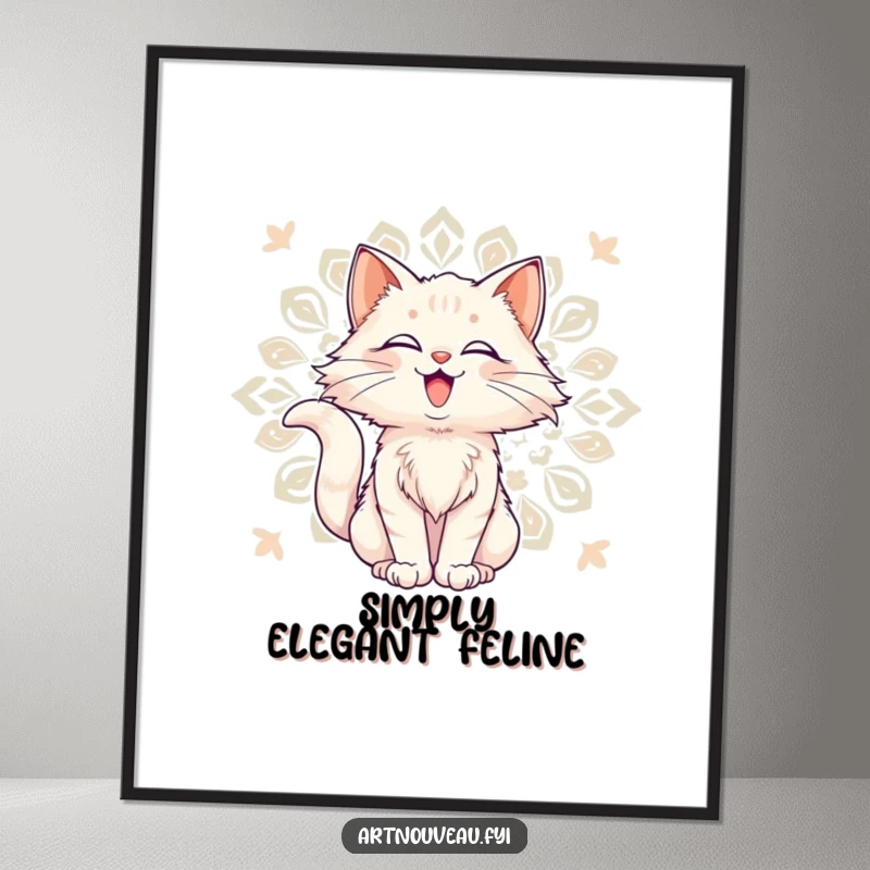 Funny Digital Art: Delighted cat with flowing fur against a decorative art nouveau pattern, ready to print for decor.