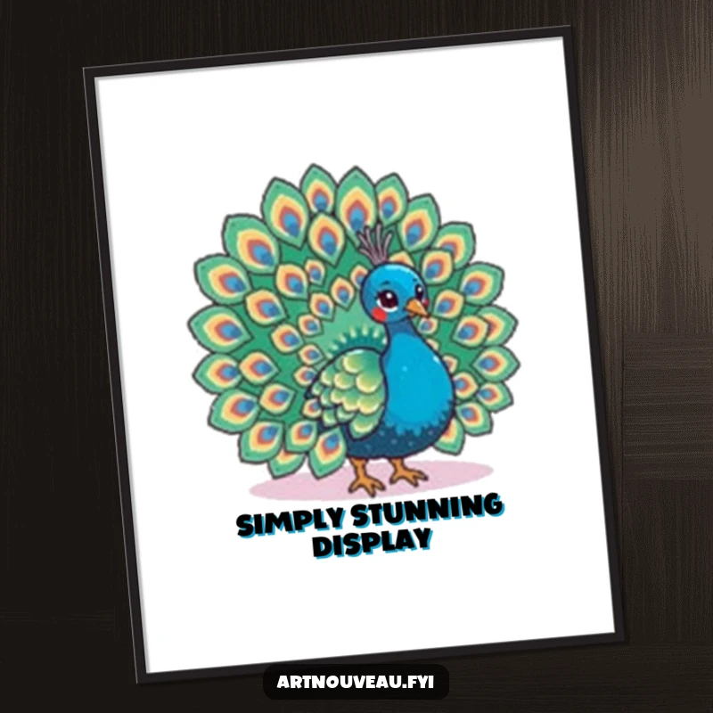 Funny digital art print of a peacock fanning its tail with elaborate feather patterns, perfect for instant elegant wall decor.