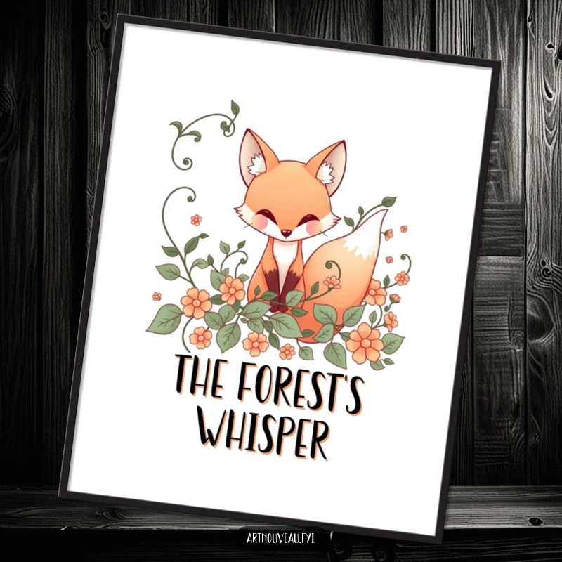 Funny Digital Art: Elegant art nouveau illustration of a whimsical fox with flowing lines peeking from ornate vines, ready to print.