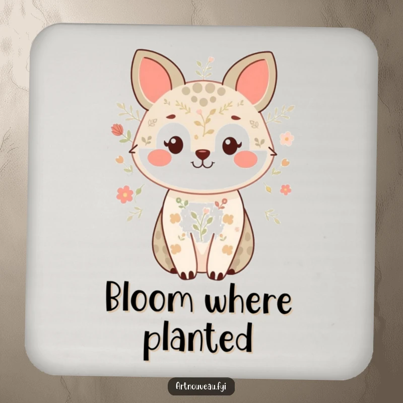 Funny drink coaster with a smiling animal and delicate nature patterns, protecting surfaces with sweet charm and humor.