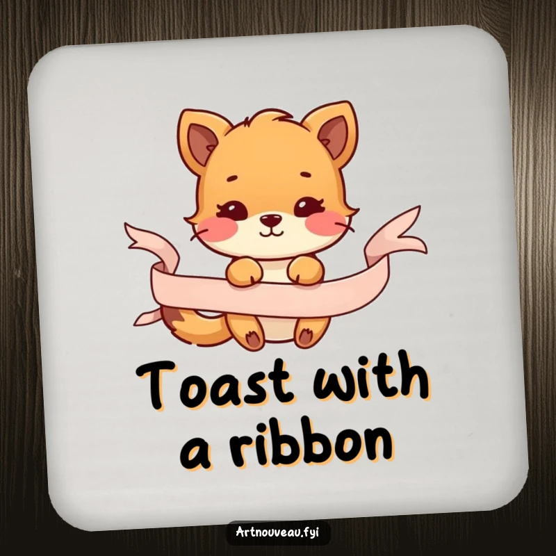 Funny drink coaster depicting an animal playfully interacting with a flowing decorative ribbon, adding a touch of whimsy to tabletops.