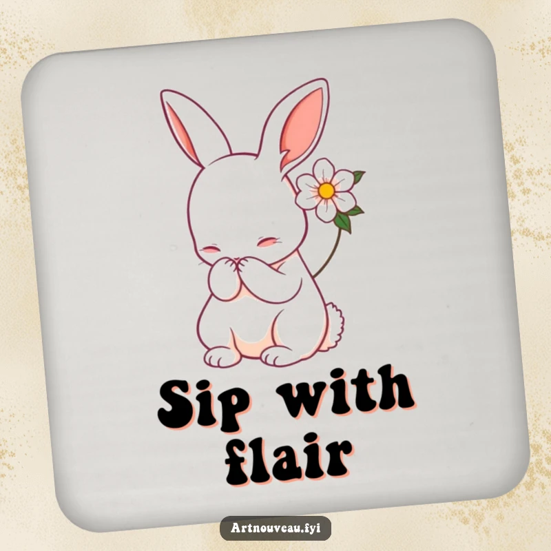 Funny rabbit coaster, Art Nouveau style, gracefully bowing, flower accent, drink accessory, home decor, unique funny gift.
