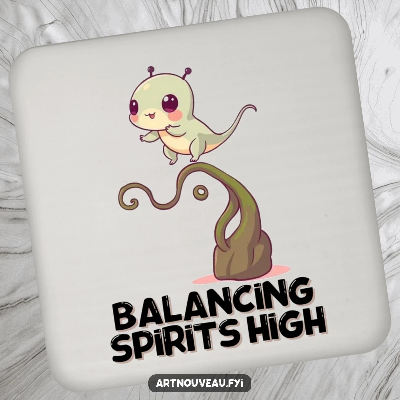 Funny drink coaster depicting a creature in a precarious balance on a winding plant-like stem, adding artistic humor to tabletops.