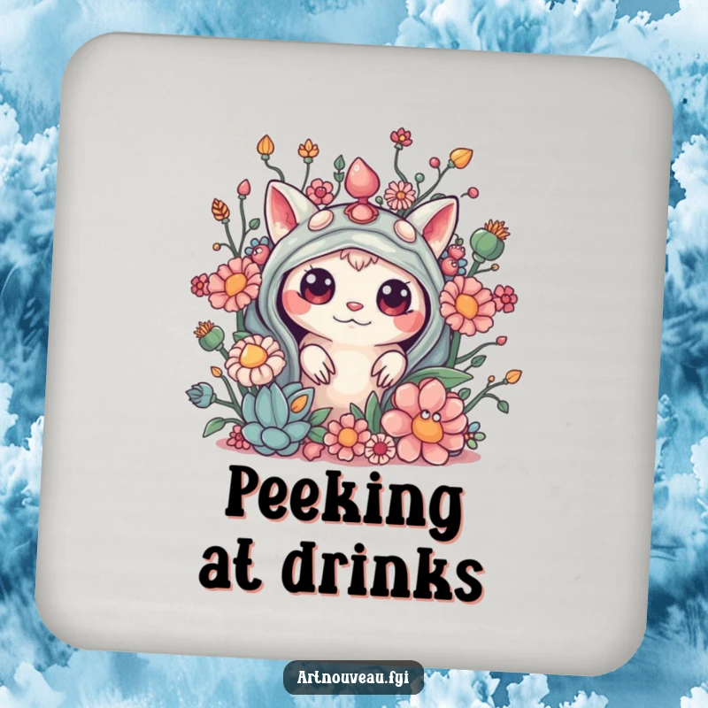 Funny drink coasters showing a curious creature peeking from behind elaborate, organic embellishments, offering stylish and mysterious surface protection.
