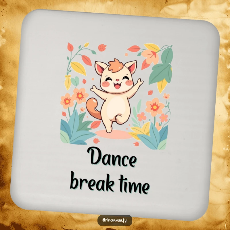 Funny drink coasters with a joyful creature dancing amidst stylized, flowing foliage, providing stylish protection for surfaces.