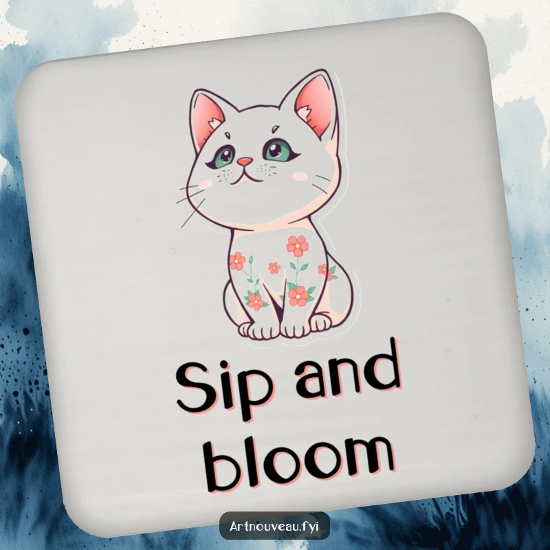 Funny cat coaster, stylized cat with floral fur, gazing upwards, drink accessory, home decor, unique funny gift.