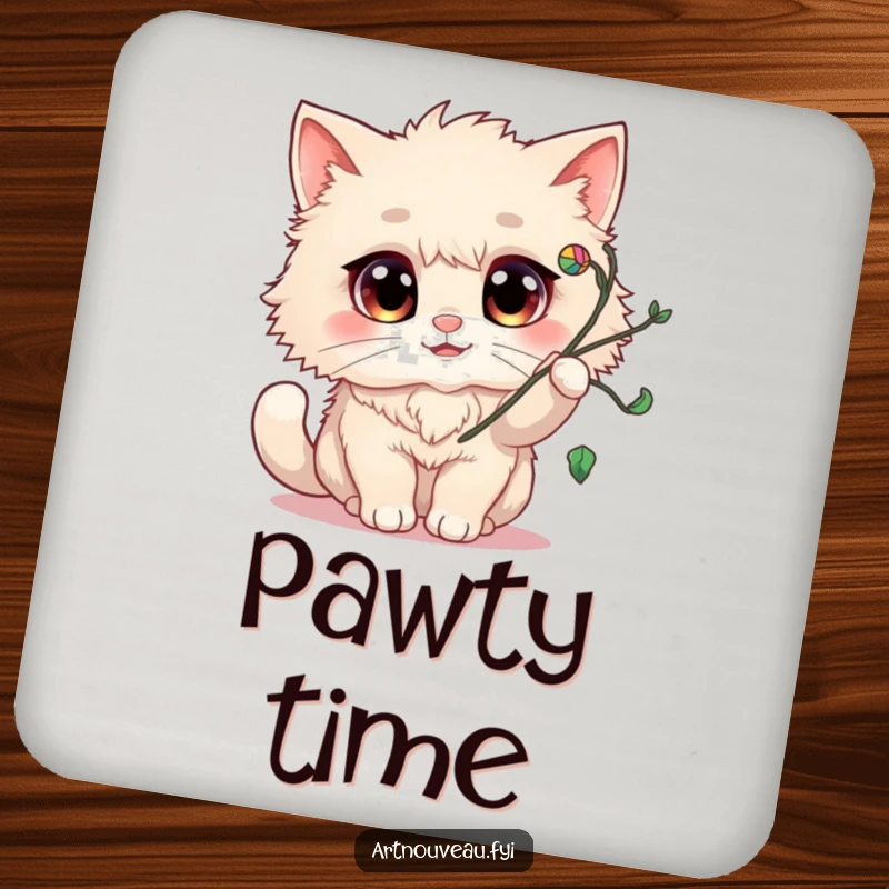 Funny Coasters: A fluffy cat with large, happy eyes playfully batting at a swirling flourish, protecting surfaces with humor.