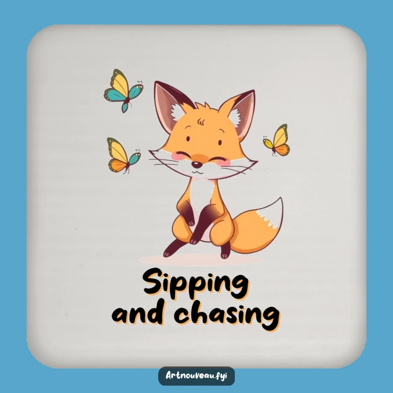Funny Fox Butterfly Chase Coaster: Whimsical Drink Gift