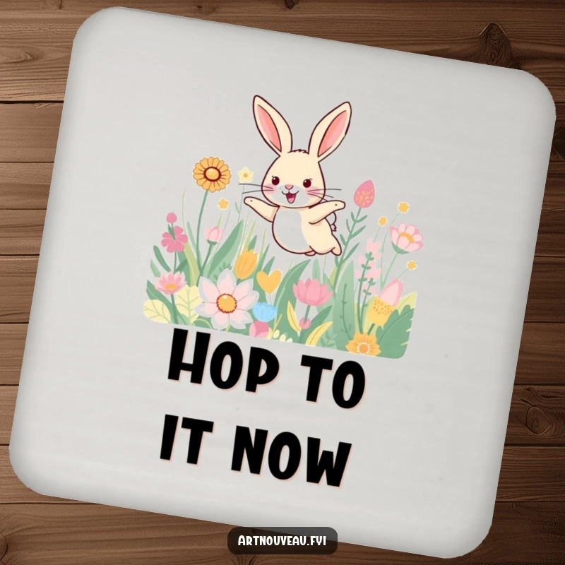Funny drink coaster with a smiling hare leaping through a field of beautifully patterned plants, adding cheerful natural decor.