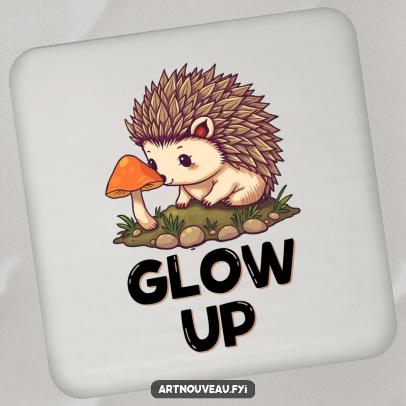 Funny hedgehog drink coasters with intricate art nouveau spines and a glowing mushroom, protecting surfaces with magical and artistic flair.