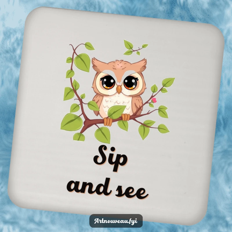 Funny cute owl coasters, curious eyes peeking from behind a vine, protecting surfaces with humor, a funny gift set.