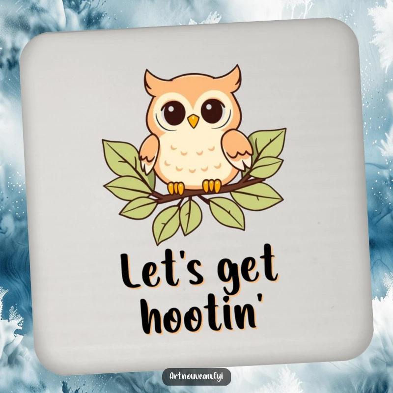 Funny Coasters: Set featuring a playful owl with curved details floating on stylized leaves, offering artistic table protection.