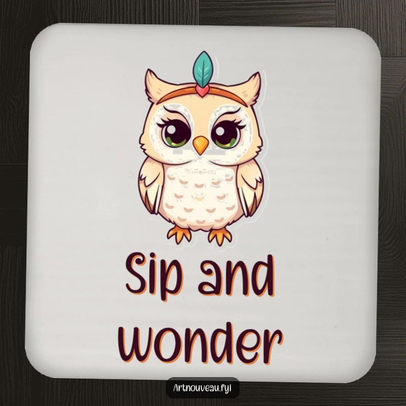 Funny owl coaster, whimsical bird in feathered headband, enchantingly curious, drink accessory, home decor, unique funny gift.