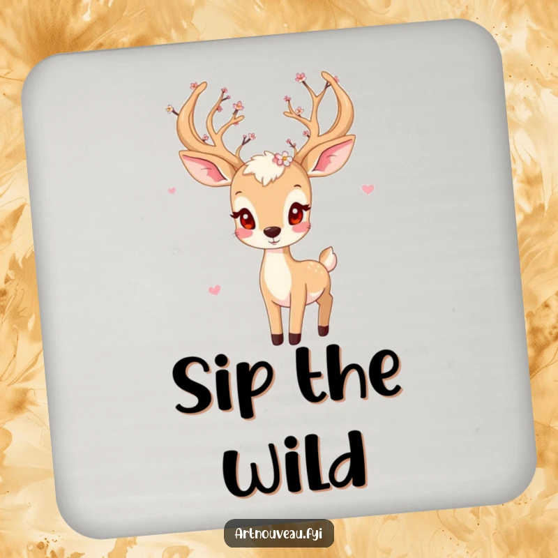 Funny deer coaster, playful animal with blossom-adorned antlers, drink accessory, home decor, unique funny gift.