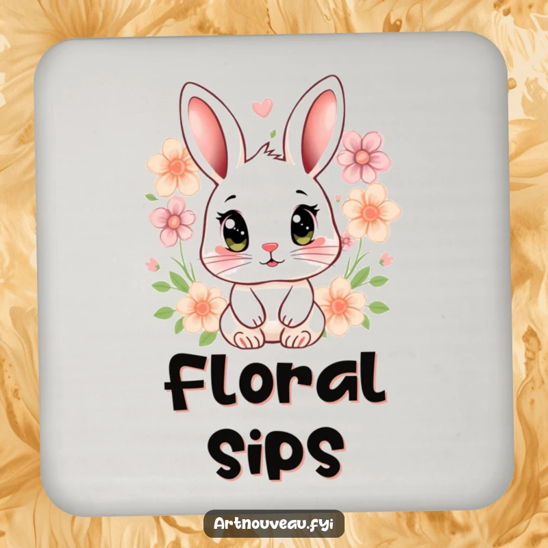 Funny rabbit coaster with a stylized rabbit, expressive eyes, and floral motifs, protecting surfaces with charm.