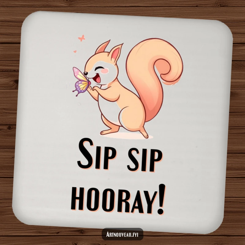 Funny squirrel in art nouveau style, joyfully chasing a shimmering butterfly with a curled tail, featured on protective drink coasters.