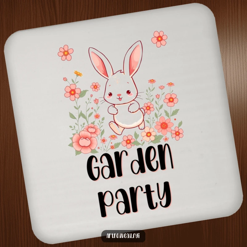 Whimsical rabbit coasters, showing a large-eared hare hopping through floral art, a cute and protective set.