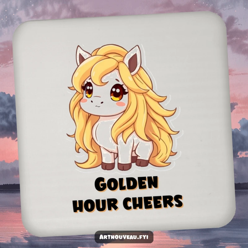 Funny drink coasters featuring an animal with a flowing liquid gold mane looking up curiously, adding magical protection and charm to any table.