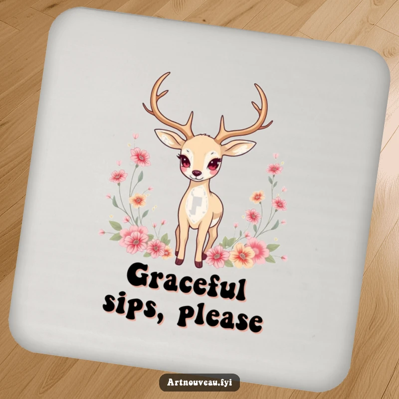Funny Coasters: Set featuring a graceful deer with elongated antlers amidst floral motifs, offering elegant table protection.