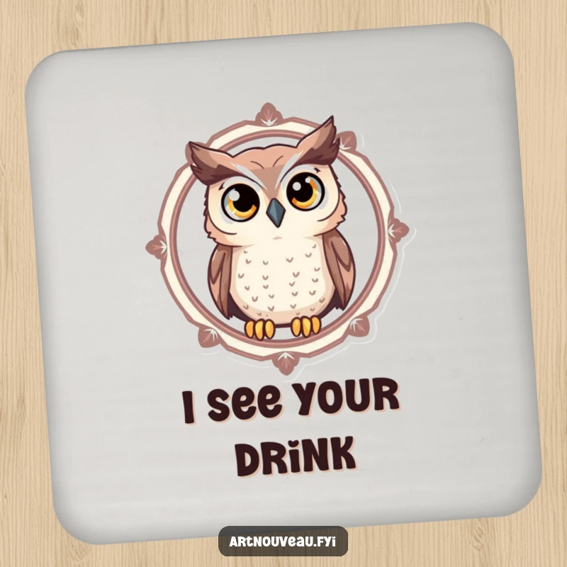 Funny Owl Drink Coaster featuring a curious owl with large, expressive eyes looking through a decorative circular frame, adding humor to tabletops.