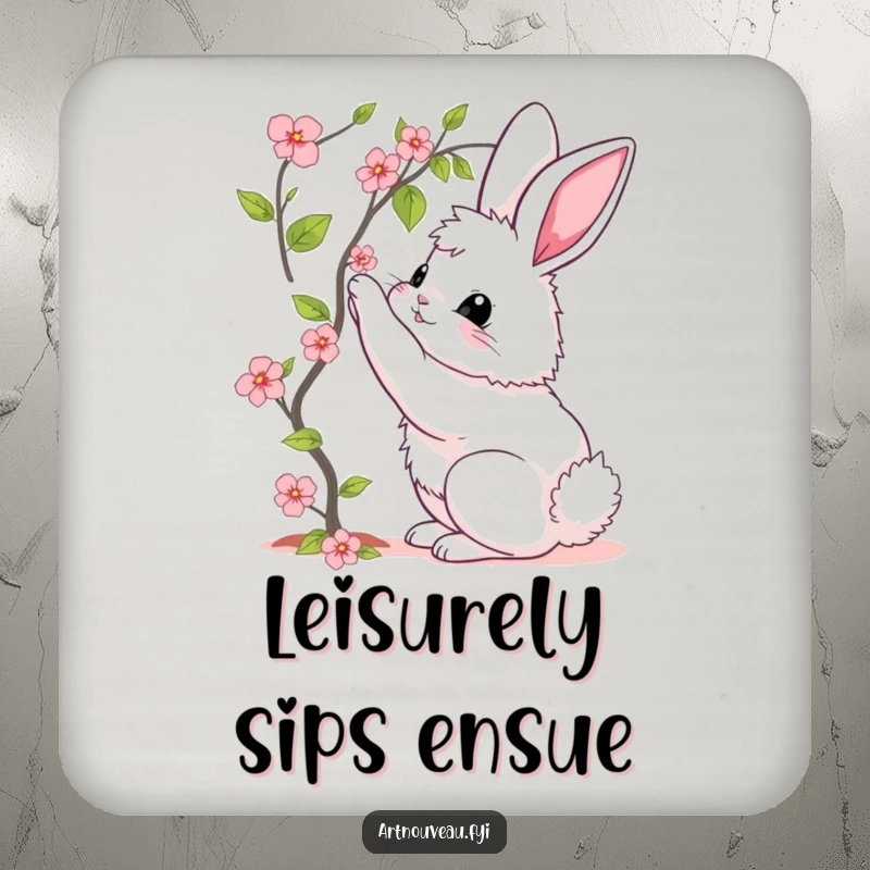 Funny coaster featuring a fluffy bunny with elegant curves, reaching for a blooming vine, protecting surfaces with style.