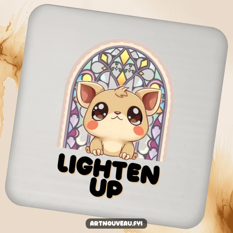 Funny Drink Coasters: A creature with large, expressive eyes admiring a vibrant stained-glass window, protecting surfaces charmingly.