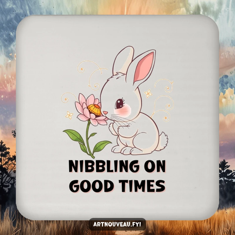 Funny Coasters: Set featuring a curious rabbit with art nouveau swirls inspecting a detailed flower, offering artistic table protection.