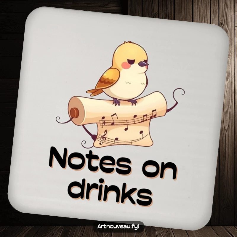 Funny Bird Coaster: Features a small bird perched on a decorative, flowing musical scroll, adding artistic humor to tabletops.