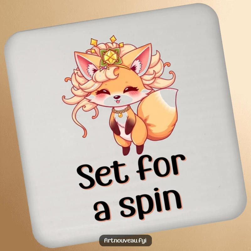 Funny fox coaster, cute animal in ornate hairpiece playfully twirling, drink accessory, home decor, charming funny gift.
