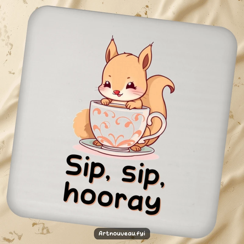 Funny drink coaster with a happy squirrel daintily sipping from a decorative, spiraling cup, adding cute charm.
