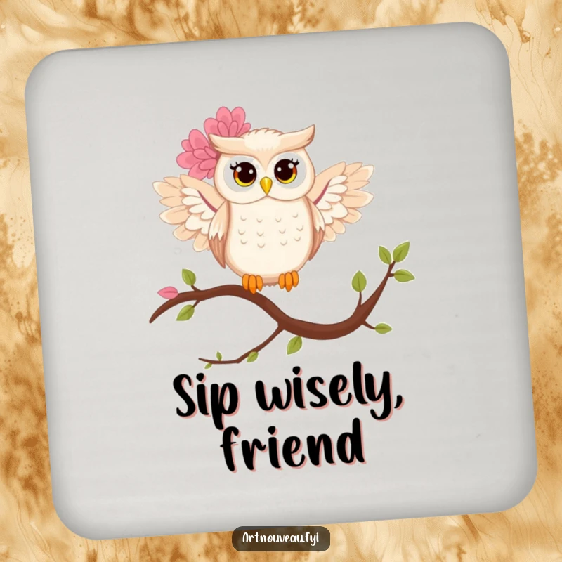 Funny owl drink coasters showcasing a stylized owl with elaborate floral wings, providing stylish protection for surfaces.