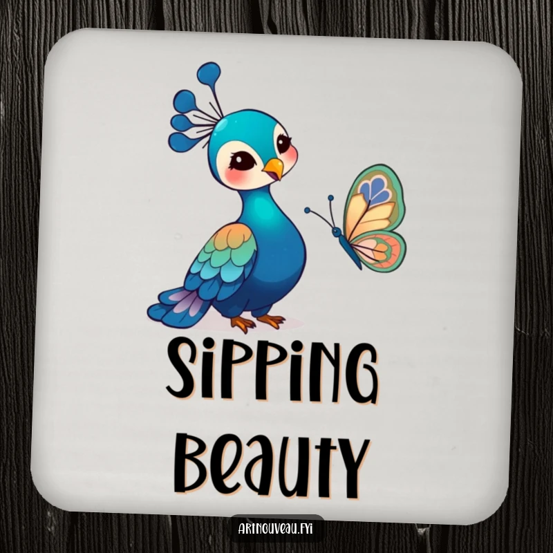 Funny Art Nouveau Peacock Coasters featuring a gentle bird and an art nouveau butterfly, protecting surfaces with elegant and humorous bird-themed designs.