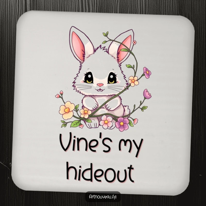 Funny bunny drink coaster, a fluffy bunny with expressive eyes peeking from a floral vine, protects surfaces.