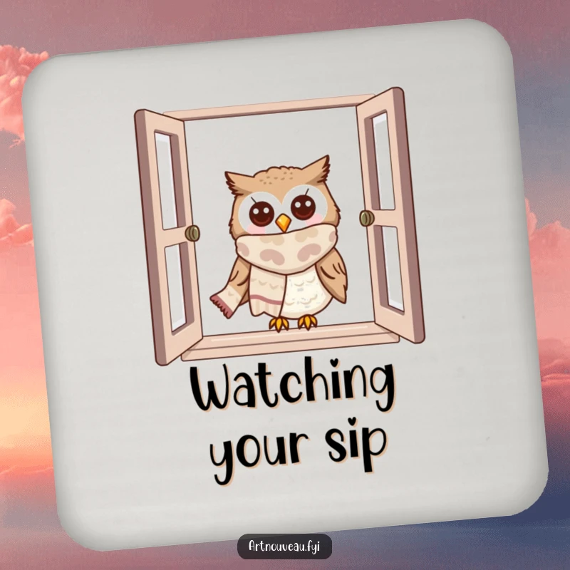 Funny owl coaster with a cute owl wearing a scarf peeking from a window, protecting surfaces with style.