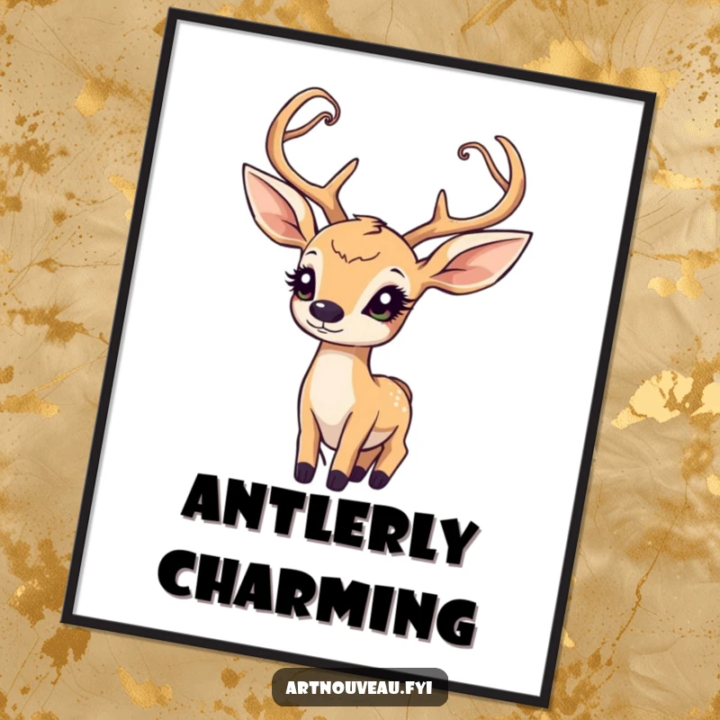 Funny Art Nouveau Deer Poster: An elegant deer's upward gaze and art nouveau antlers create a sense of wonder on your wall.