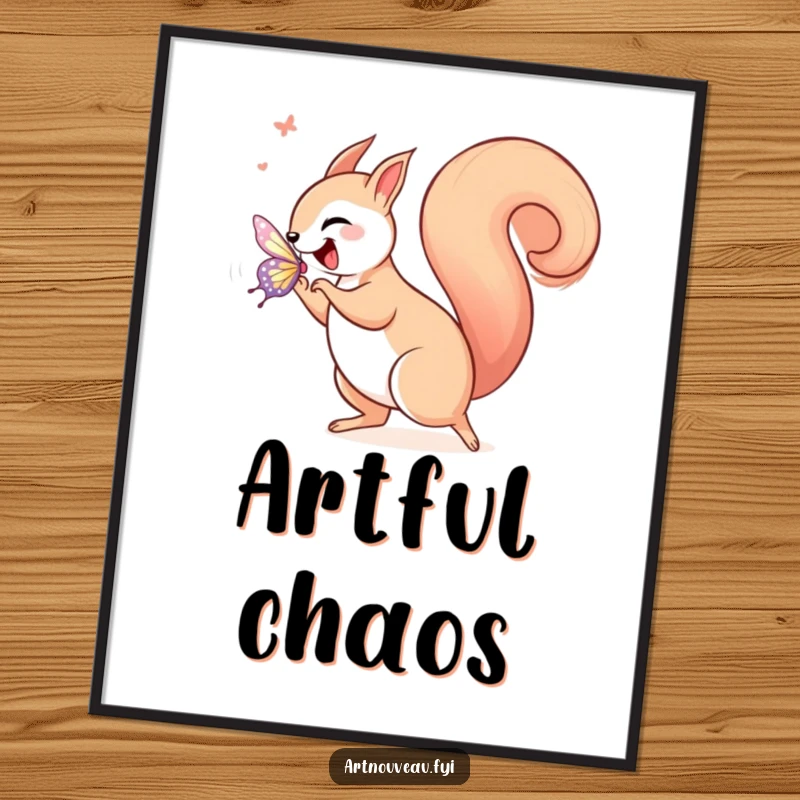 Funny squirrel in art nouveau style, joyfully chasing a shimmering butterfly with a curled tail, presented as captivating wall art poster.