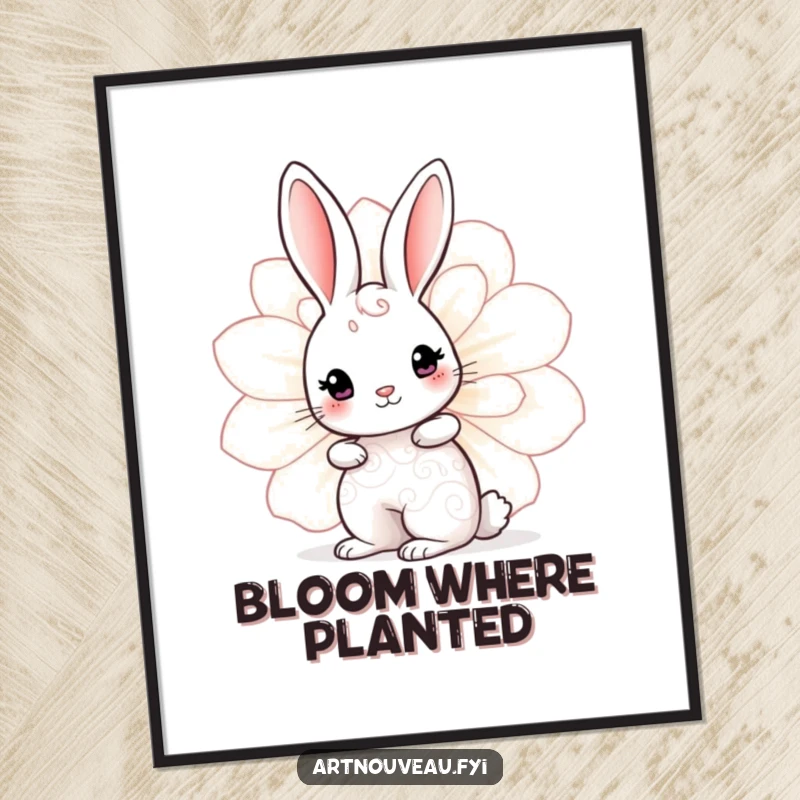 Funny Rabbit Bloom Poster featuring a cute rabbit with swirling body patterns peeking from behind a large decorative bloom, whimsical wall art.