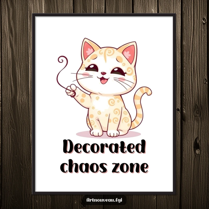 Funny cat poster showcases a cute feline with decorative fur patterns engaging in a playful swatting motion at a swirling tendril, adding whimsy.