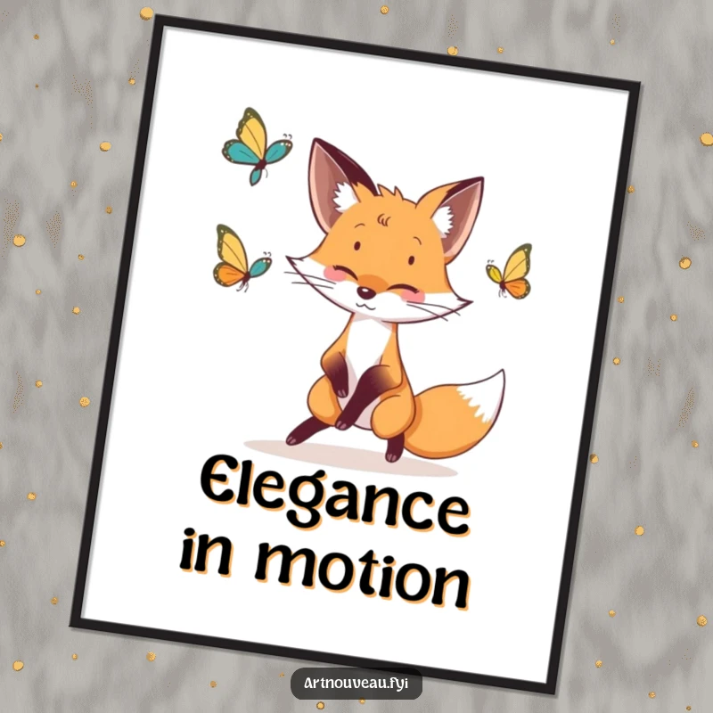 Funny fox poster showcasing whimsical line art of a fox playfully chasing a butterfly, adding artistic flair.