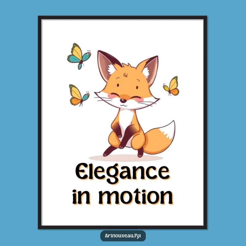 Funny Fox Butterfly Chase Poster: Whimsical Line Art Gift