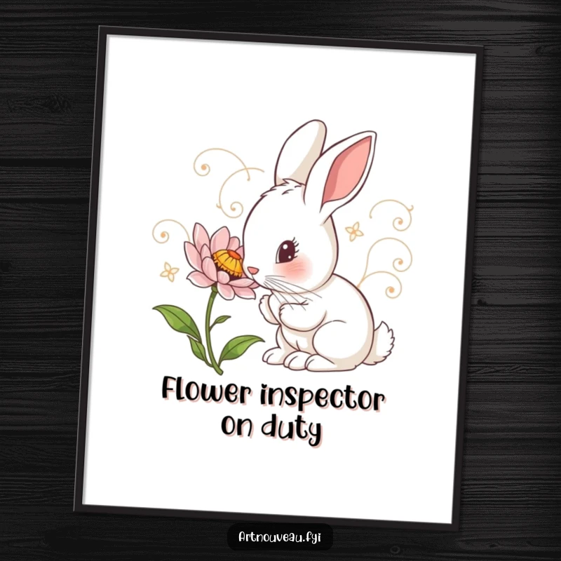 Funny Poster: Curious rabbit with art nouveau swirls inspecting a detailed flower, a beautiful and intricate wall art print.