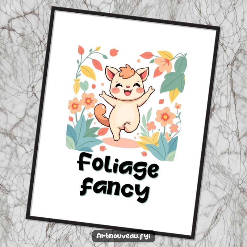 Funny poster print of a joyful creature dancing amidst stylized, flowing foliage, creating a lively and artistic statement piece.