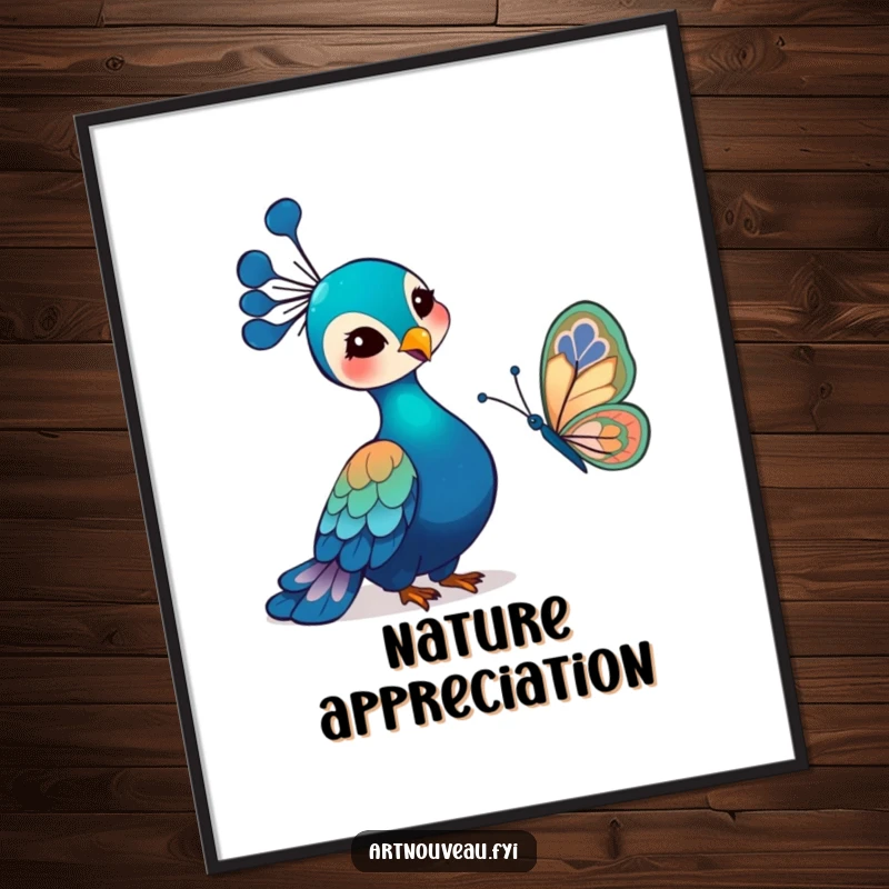 Funny Art Nouveau Peacock Poster showing a gentle bird smiling at a butterfly with intricate art nouveau wings, a piece of humorous and artistic wall decor.