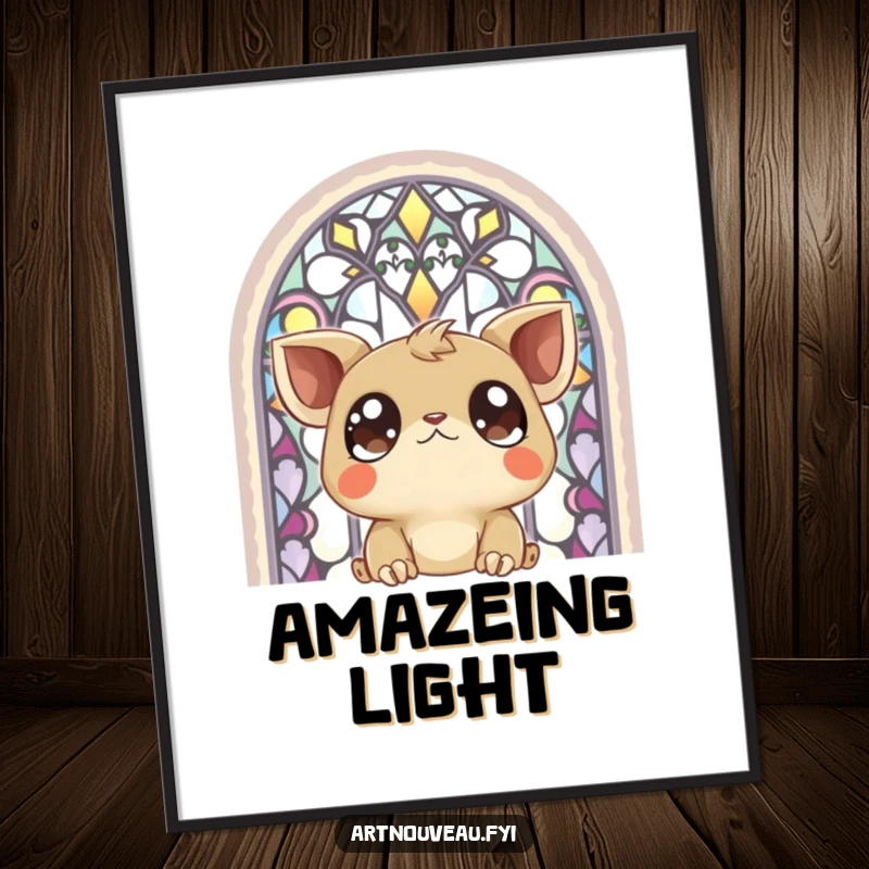 Funny Poster: A creature with enormous, expressive eyes captivated by the rich colors and patterns of a beautiful stained-glass window.