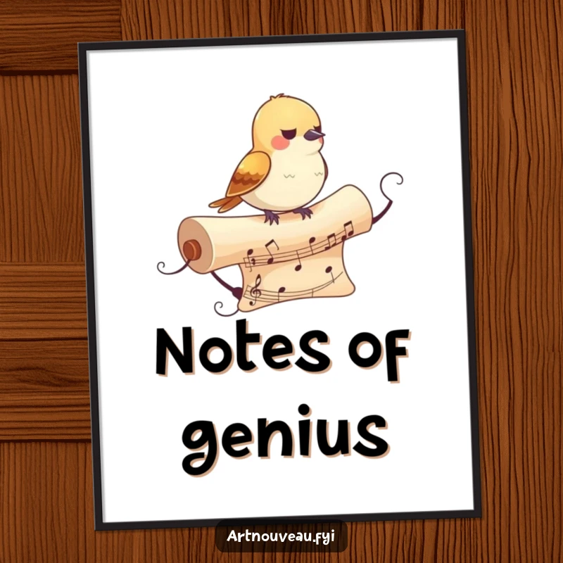 Funny Bird Poster: A small bird perches on a decorative, flowing musical scroll, creating a harmonious and humorous piece of art.