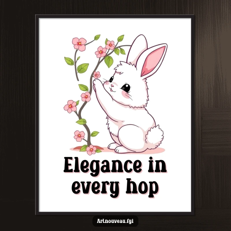 Funny poster print of a fluffy bunny with elegant curves, reaching for a vibrant blooming vine, adding artistic flair.