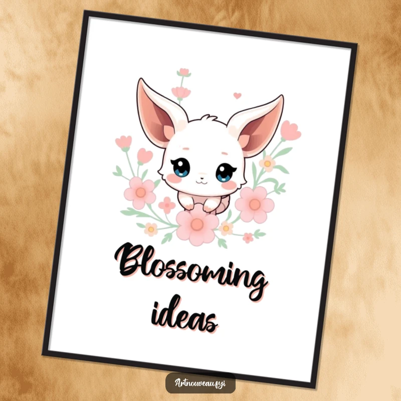 Funny Creature Poster: A creature with flowing ears floats amid stylized floral elements, creating enchanting and humorous wall art.